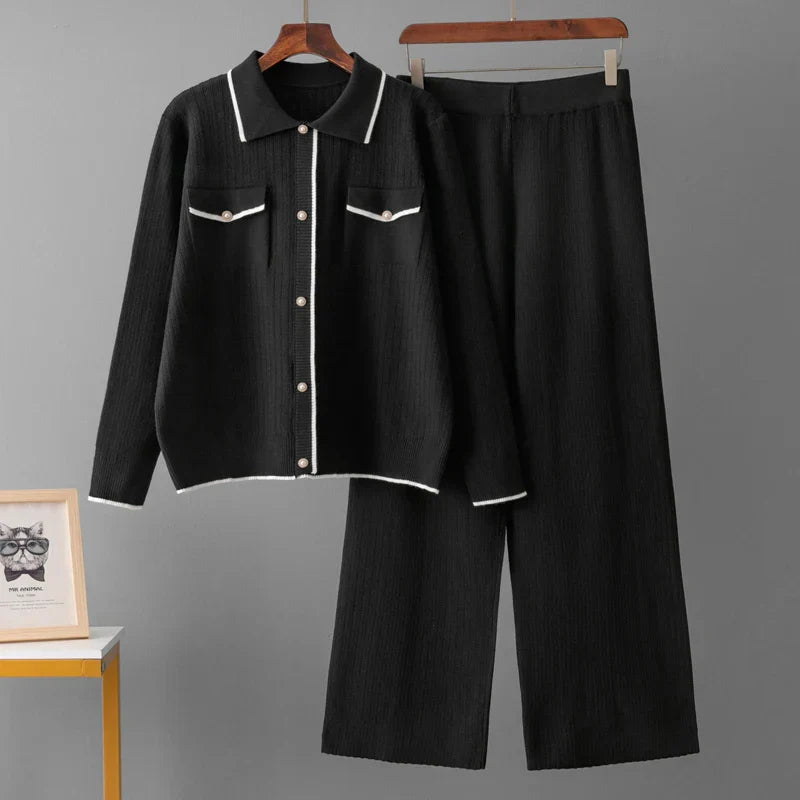 Conjunto Feminino - Estilo Francês em Tricô com Gola Polo e Calça Longa