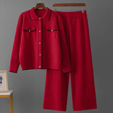 Conjunto Feminino - Estilo Francês em Tricô com Gola Polo e Calça Longa