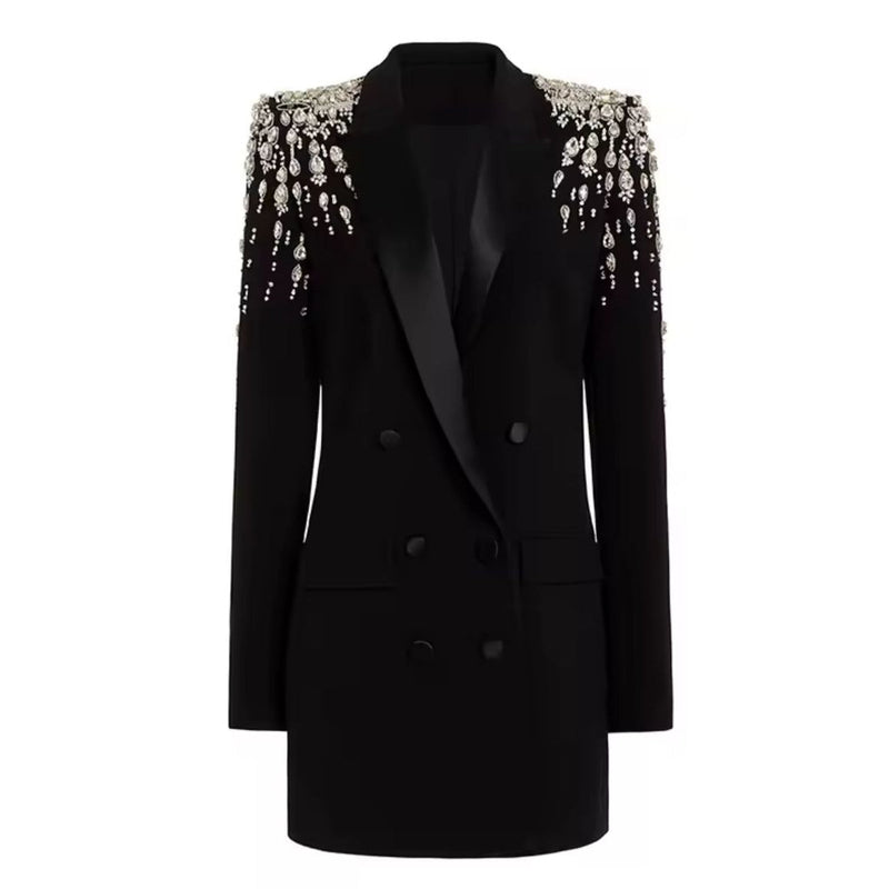 Blazer Longo com Botões Duplos e Aplique de Pedrarias – Bordado à Mão