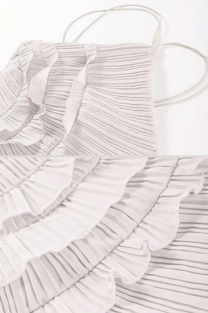 Vestido Sexy Assimétrico e Decote nas Costas – Sem Mangas, Com Babados, Cintura Alta e Modelagem Slim